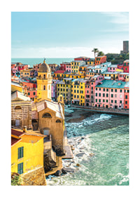 Poster med ett färgstarkt fotografi på Vernazza vid kusten-1