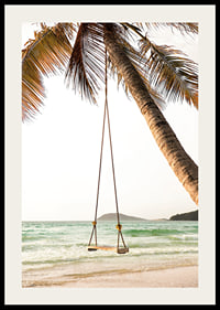 Poster with a photograph of a swing hanging from a palm tree on a beach-2