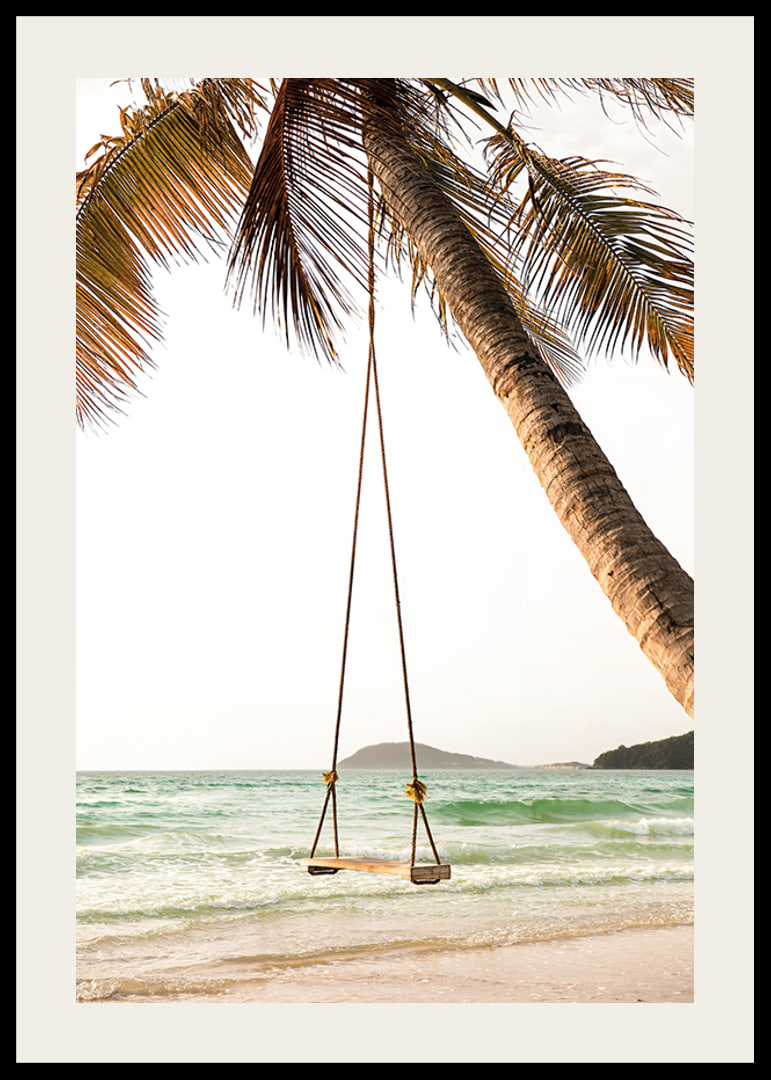 Poster with a photograph of a swing hanging from a palm tree on a beach-12