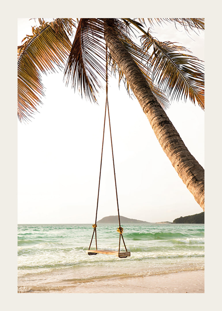 Poster with a photograph of a swing hanging from a palm tree on a beach-12
