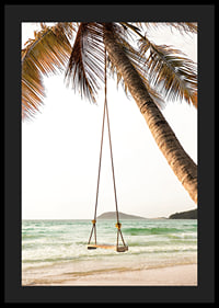 Poster with a photograph of a swing hanging from a palm tree on a beach-4