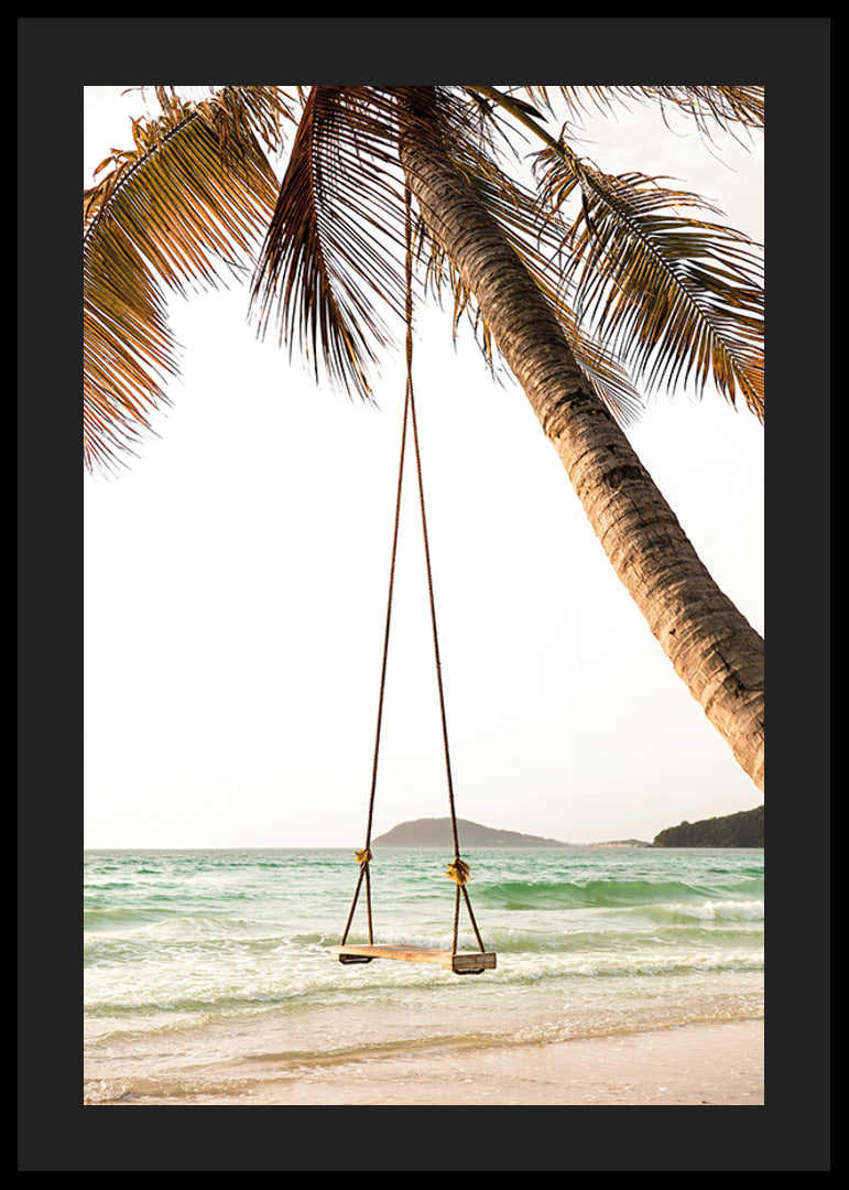 Poster with a photograph of a swing hanging from a palm tree on a beach-12