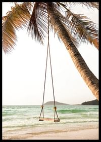 Poster with a photograph of a swing hanging from a palm tree on a beach-2