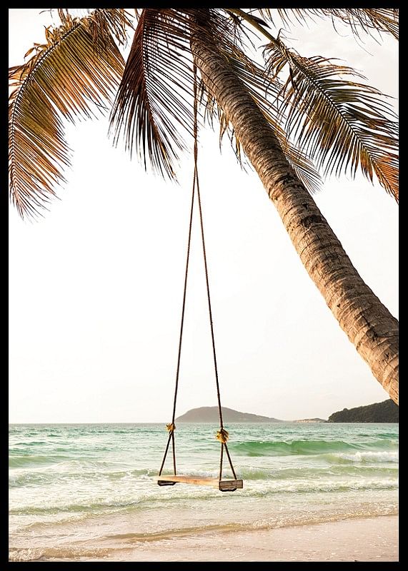 Poster with a photograph of a swing hanging from a palm tree on a beach-12