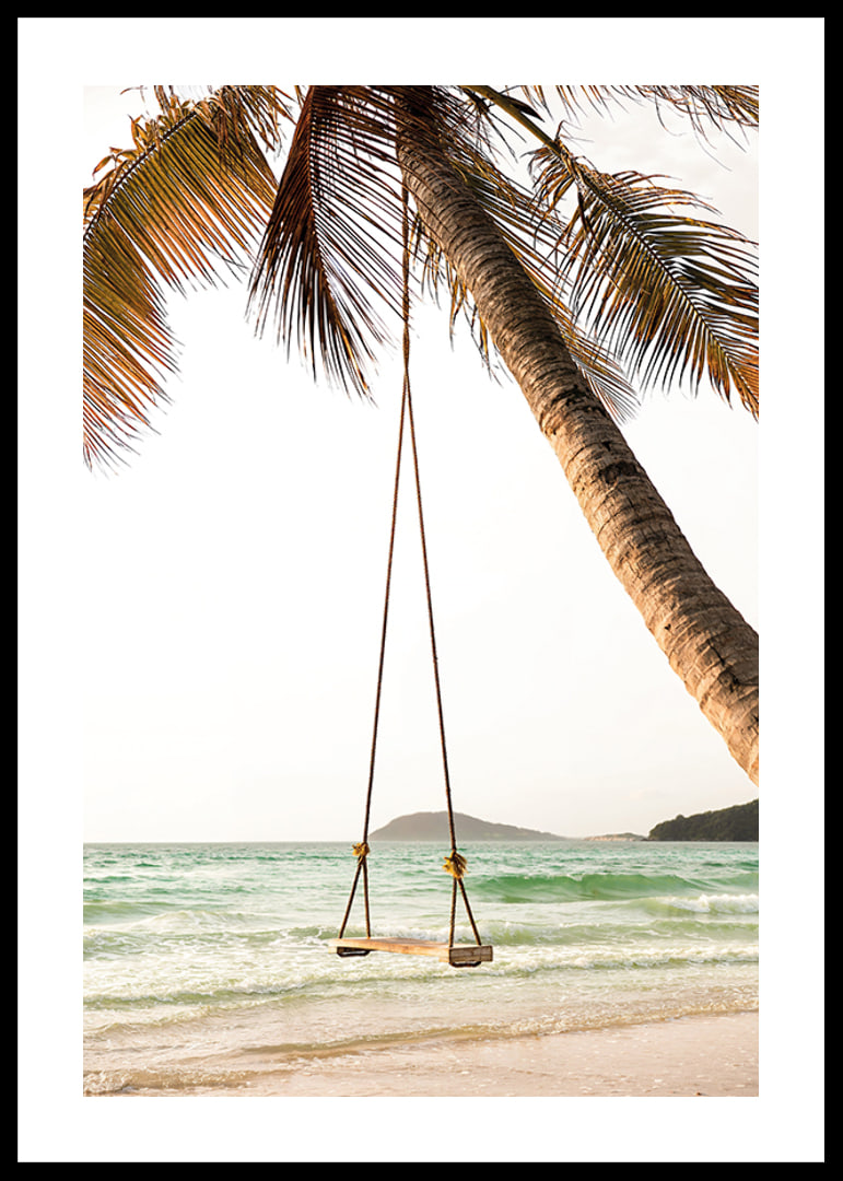 Poster with a photograph of a swing hanging from a palm tree on a beach-12