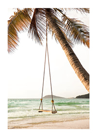 Poster with a photograph of a swing hanging from a palm tree on a beach-1