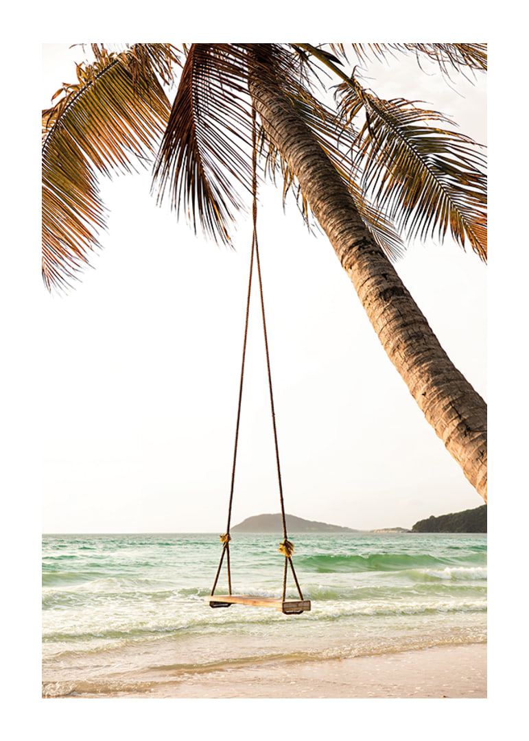 Poster with a photograph of a swing hanging from a palm tree on a beach-12