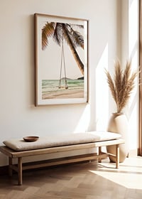 Poster with a photograph of a swing hanging from a palm tree on a beach-8