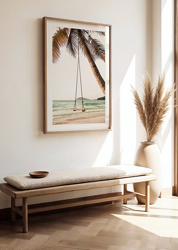Poster with a photograph of a swing hanging from a palm tree on a beach-12