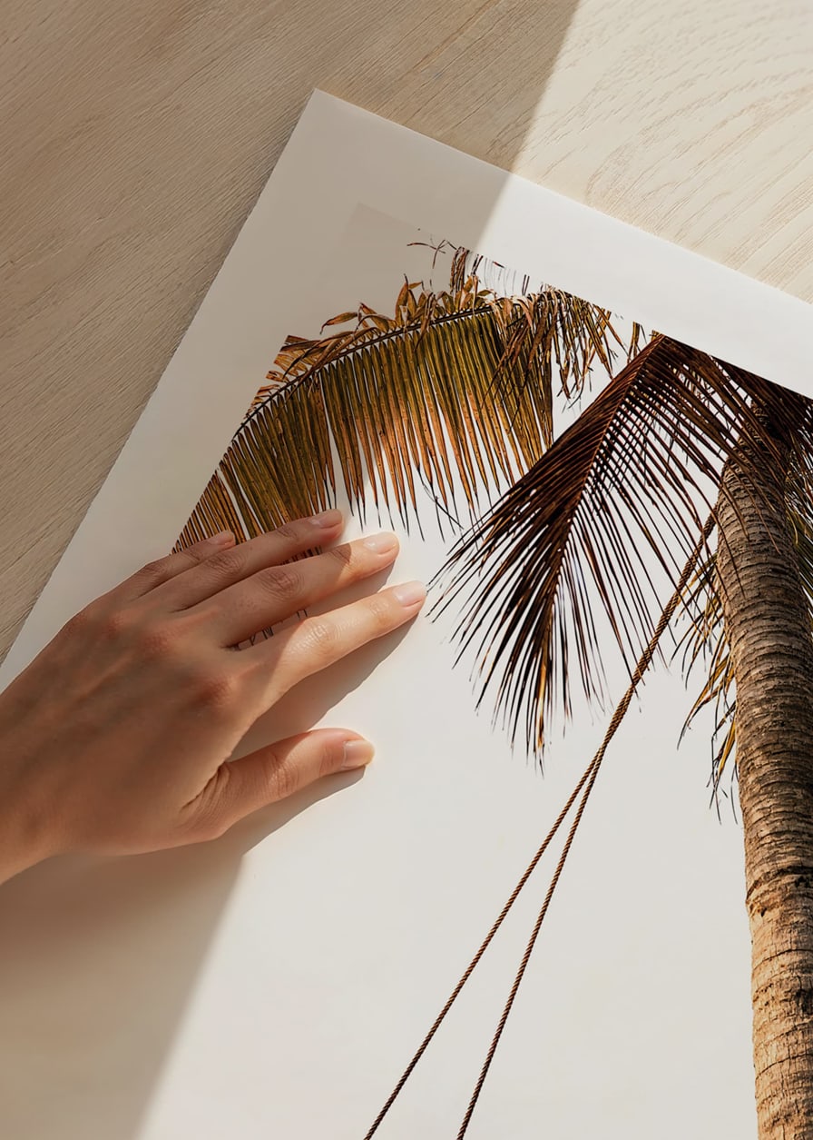 Poster with a photograph of a swing hanging from a palm tree on a beach-12