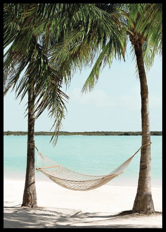 Poster with a photograph of a hammock between two palm trees on a beautiful beach-12