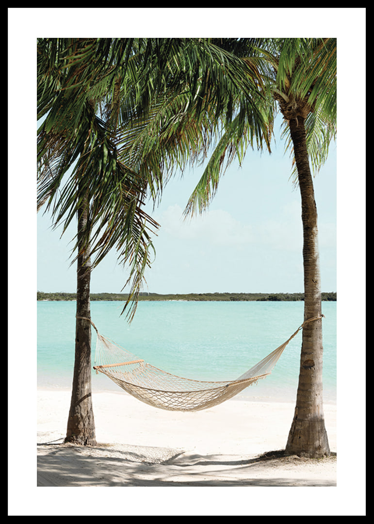 Poster with a photograph of a hammock between two palm trees on a beautiful beach-12