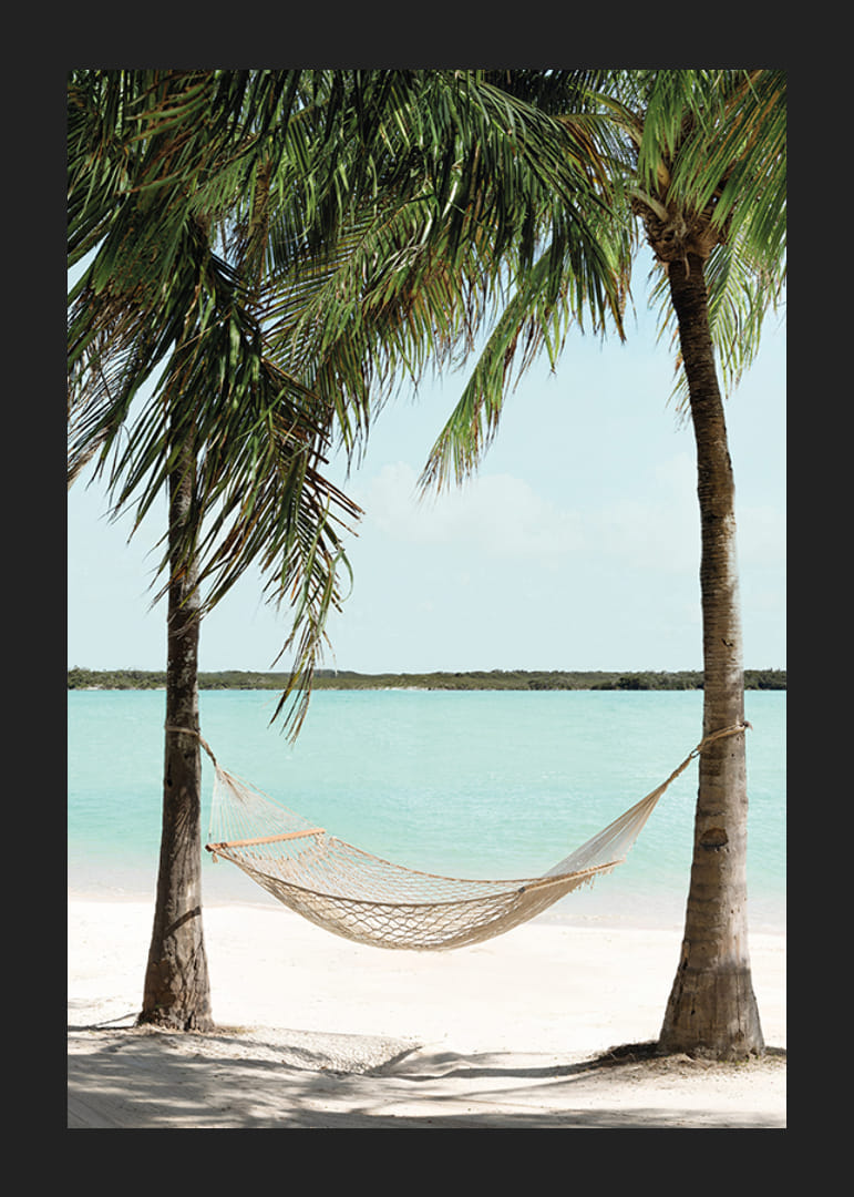 Plakat med et fotografi av en hengekøye mellom to palmer på en vakker strand-12