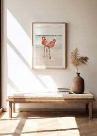 Poster with a photograph of two flamingos on a beach-8