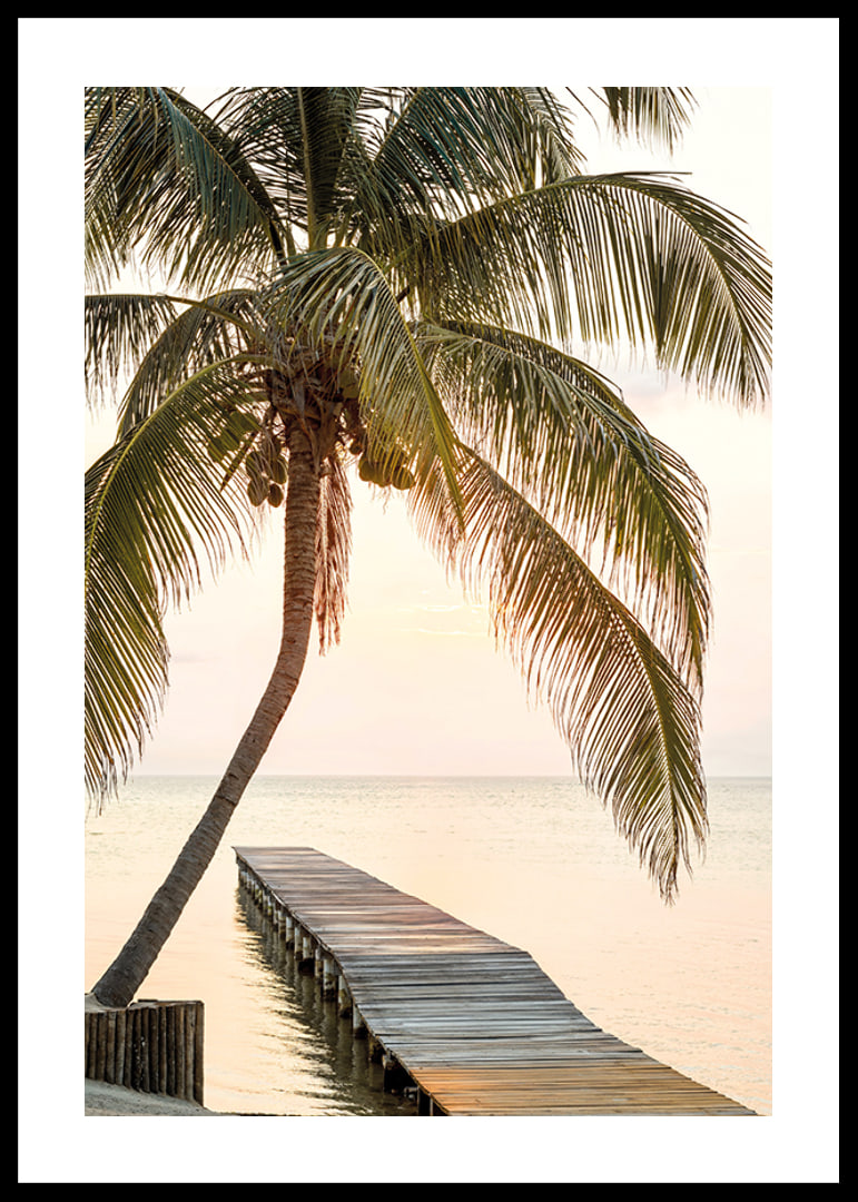 Poster with a photograph of a jetty in the sea under a palm tree at sunset-12