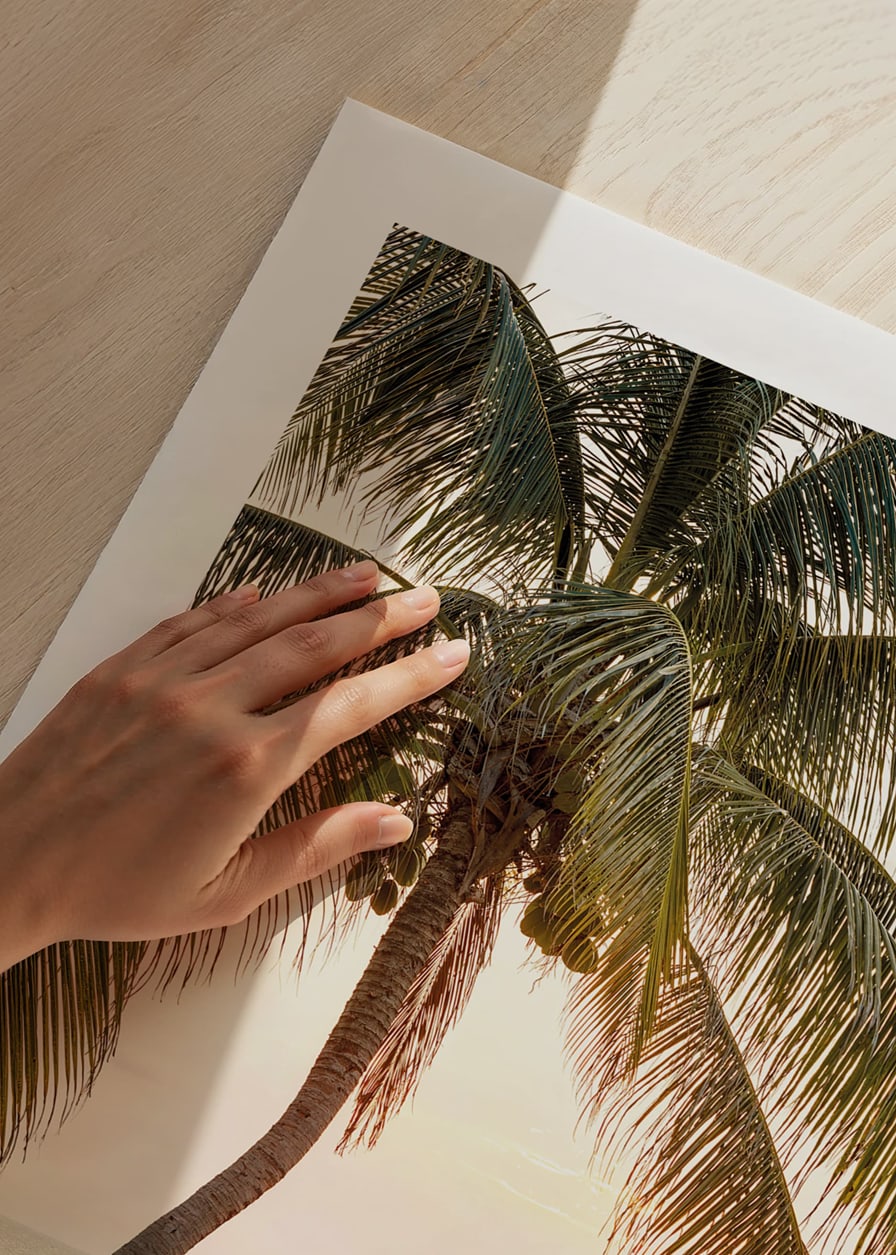 Poster with a photograph of a jetty in the sea under a palm tree at sunset-12