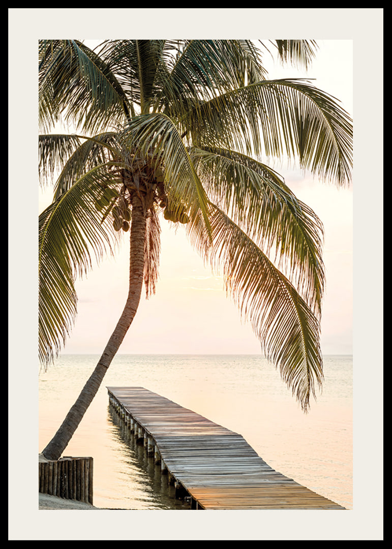 Poster with a photograph of a jetty in the sea under a palm tree at sunset-12