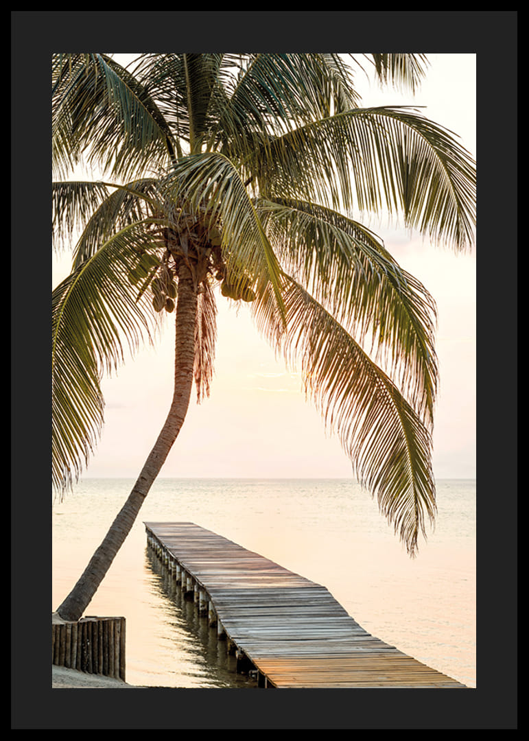 Plagát s fotografiou móla v mori pod palmou pri západe slnka-12