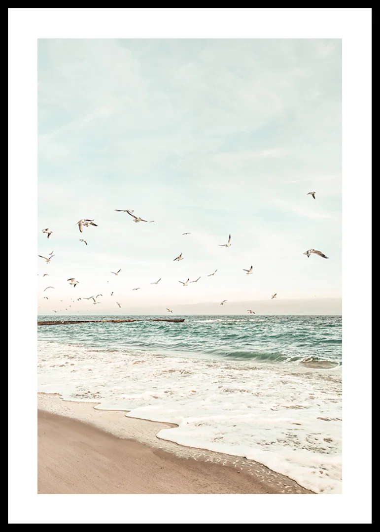 Poster with a photograph of seagulls flying over a beach-12