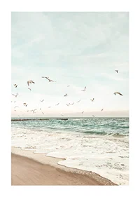 Poster with a photograph of seagulls flying over a beach-1