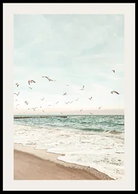 Poster with a photograph of seagulls flying over a beach-2