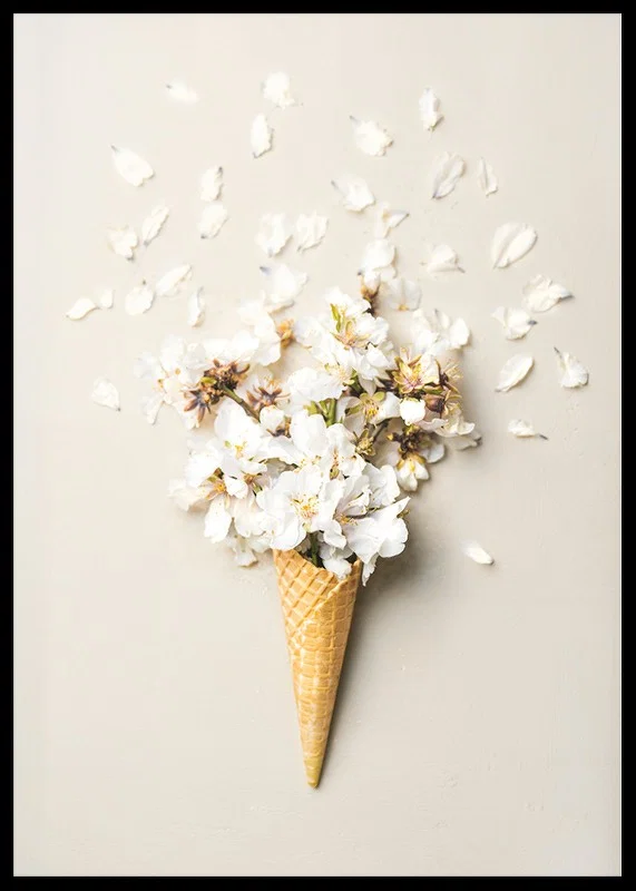 Poster with a photograph of white flower petals in an ice cream cone-12