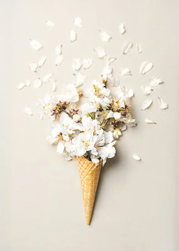 Poster with a photograph of white flower petals in an ice cream cone-12