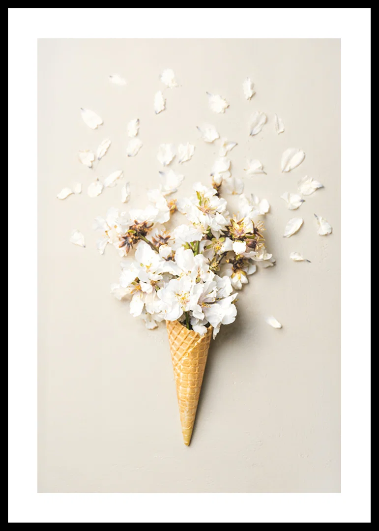 Poster with a photograph of white flower petals in an ice cream cone-12