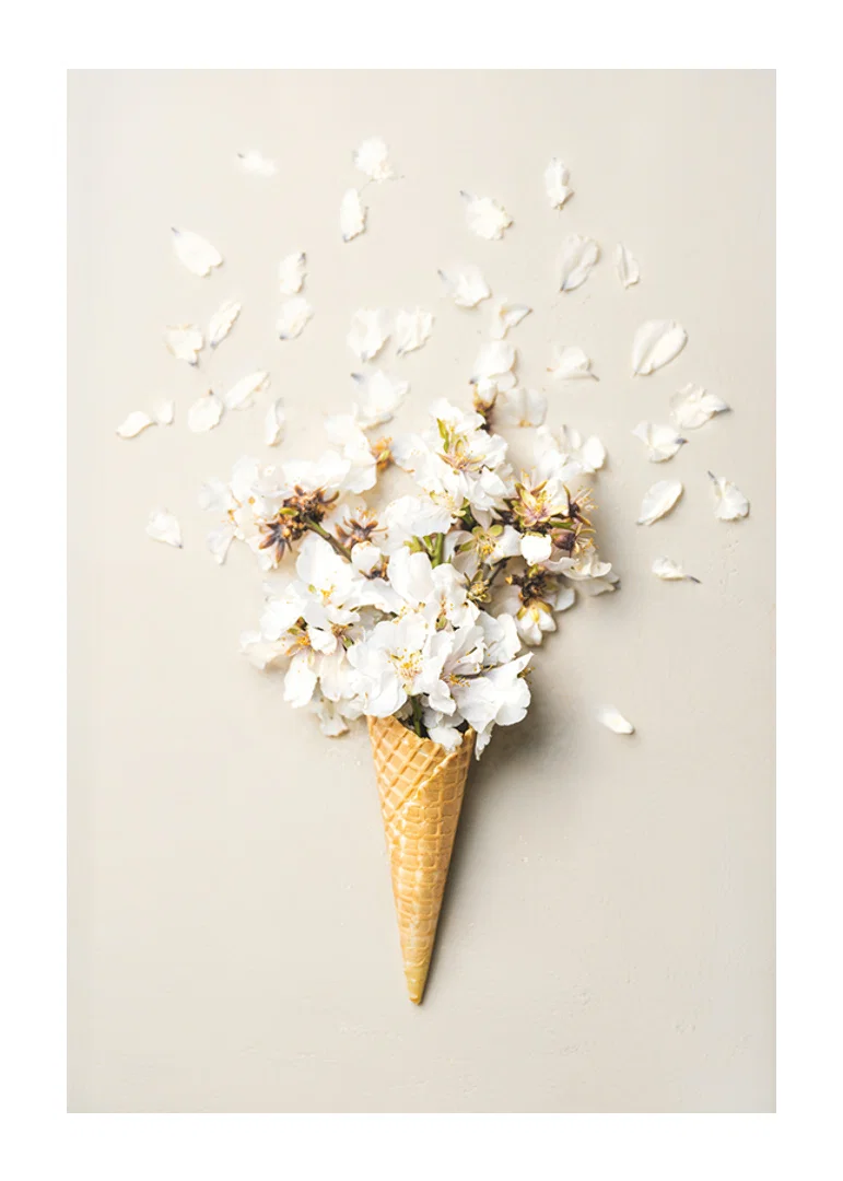 Poster with a photograph of white flower petals in an ice cream cone-12