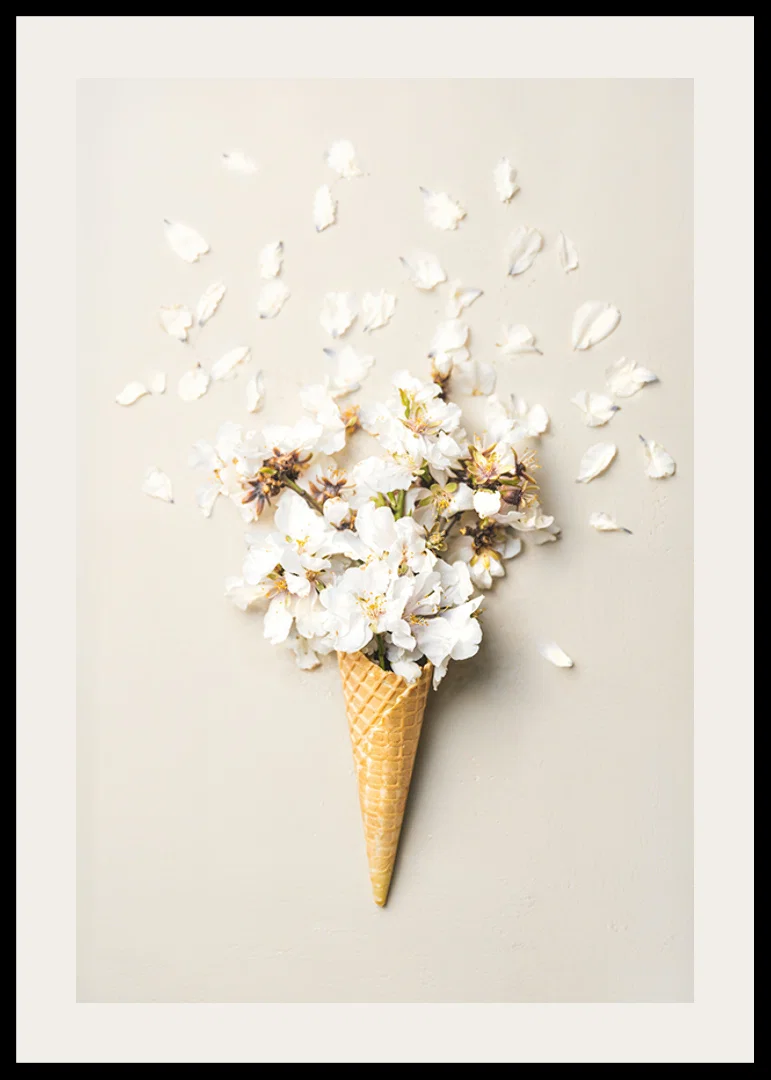Poster with a photograph of white flower petals in an ice cream cone-12
