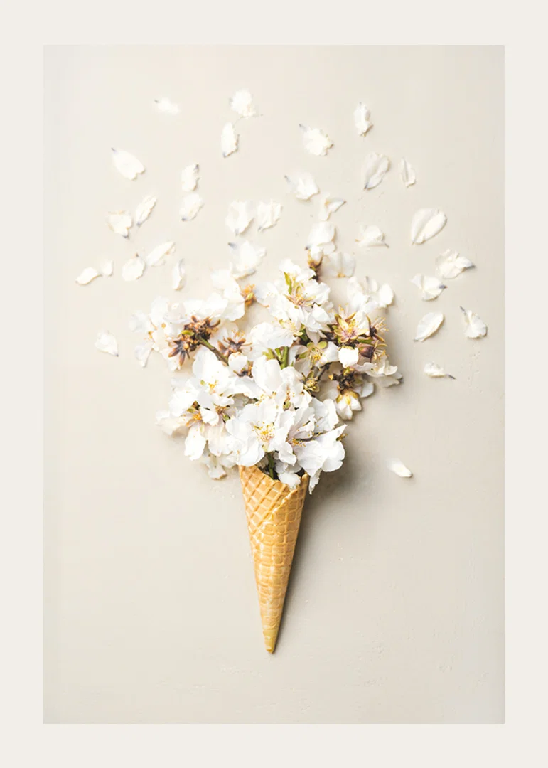 Poster with a photograph of white flower petals in an ice cream cone-12