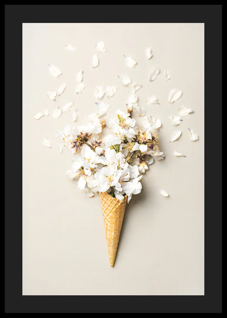 Poster with a photograph of white flower petals in an ice cream cone-12
