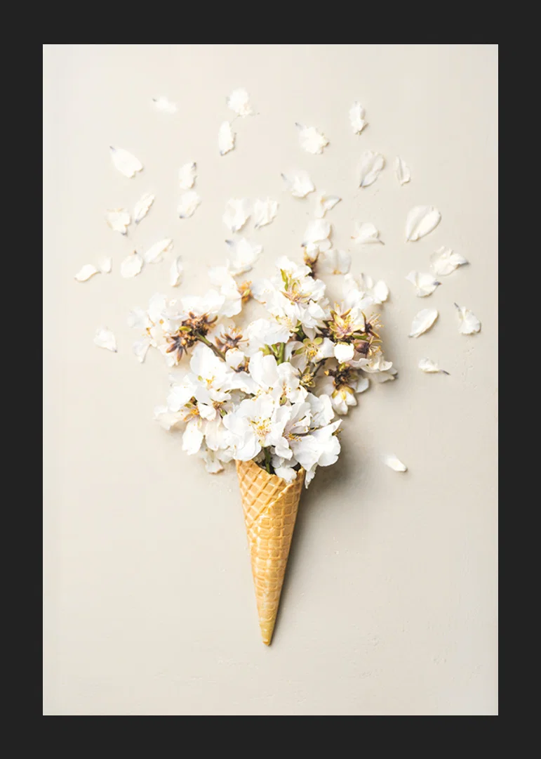 Poster with a photograph of white flower petals in an ice cream cone-12