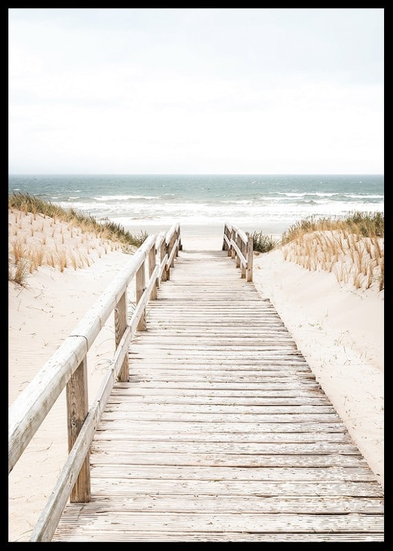 Poster with a photograph on a wooden plank among sand dunes with the sea in the background-12