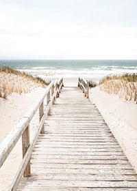 Poster with a photograph on a wooden plank among sand dunes with the sea in the background-7