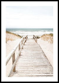 Poster with a photograph on a wooden plank among sand dunes with the sea in the background-0