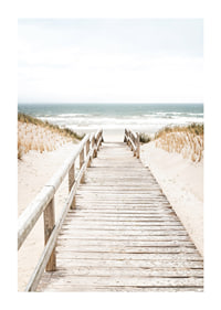 Poster with a photograph on a wooden plank among sand dunes with the sea in the background-1