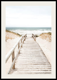 Poster with a photograph on a wooden plank among sand dunes with the sea in the background-2