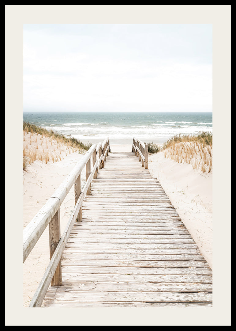 Poster with a photograph on a wooden plank among sand dunes with the sea in the background-12