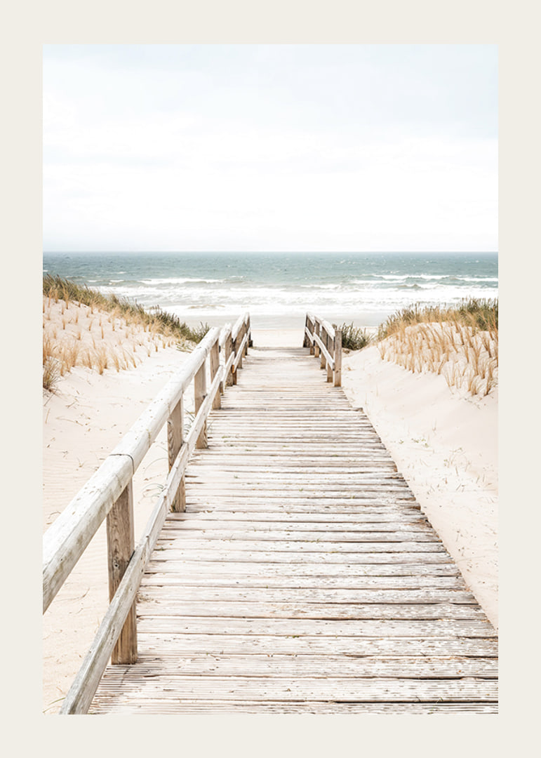 Poster with a photograph on a wooden plank among sand dunes with the sea in the background-12