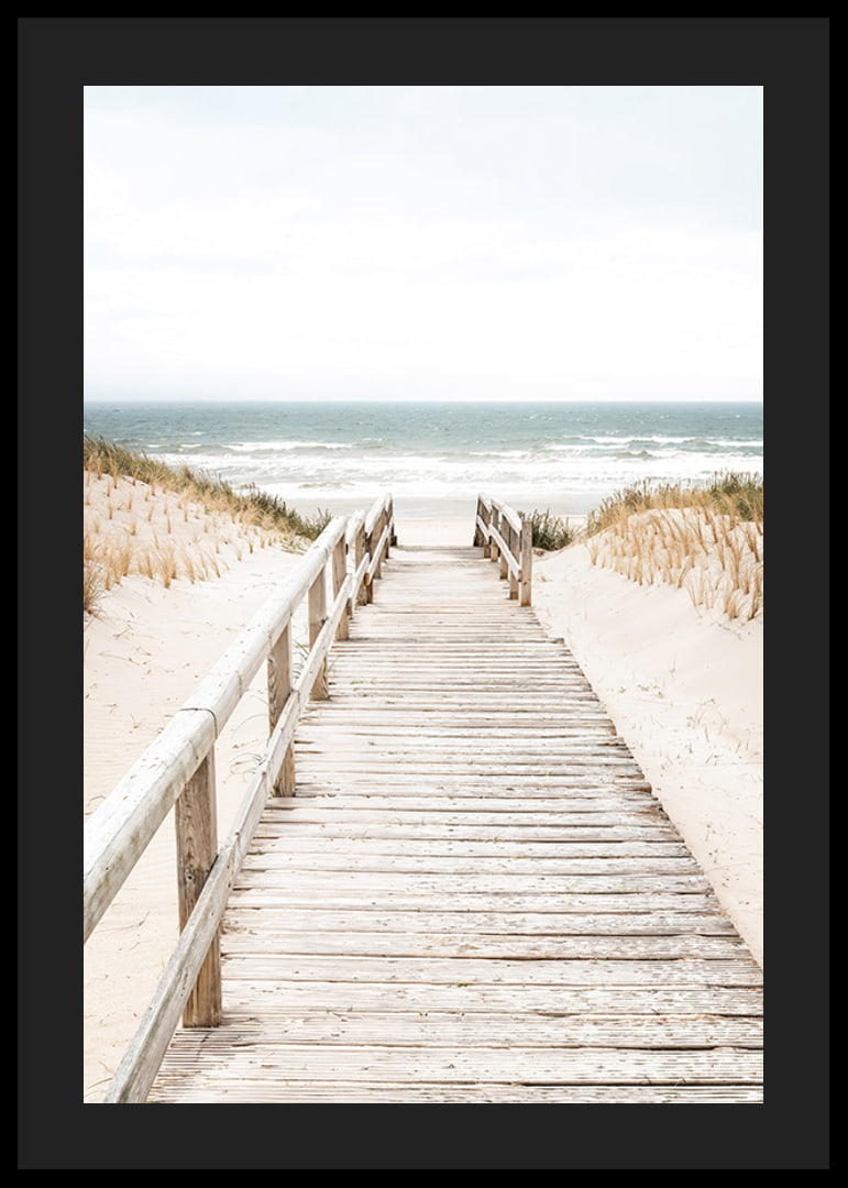 Poster with a photograph on a wooden plank among sand dunes with the sea in the background-12
