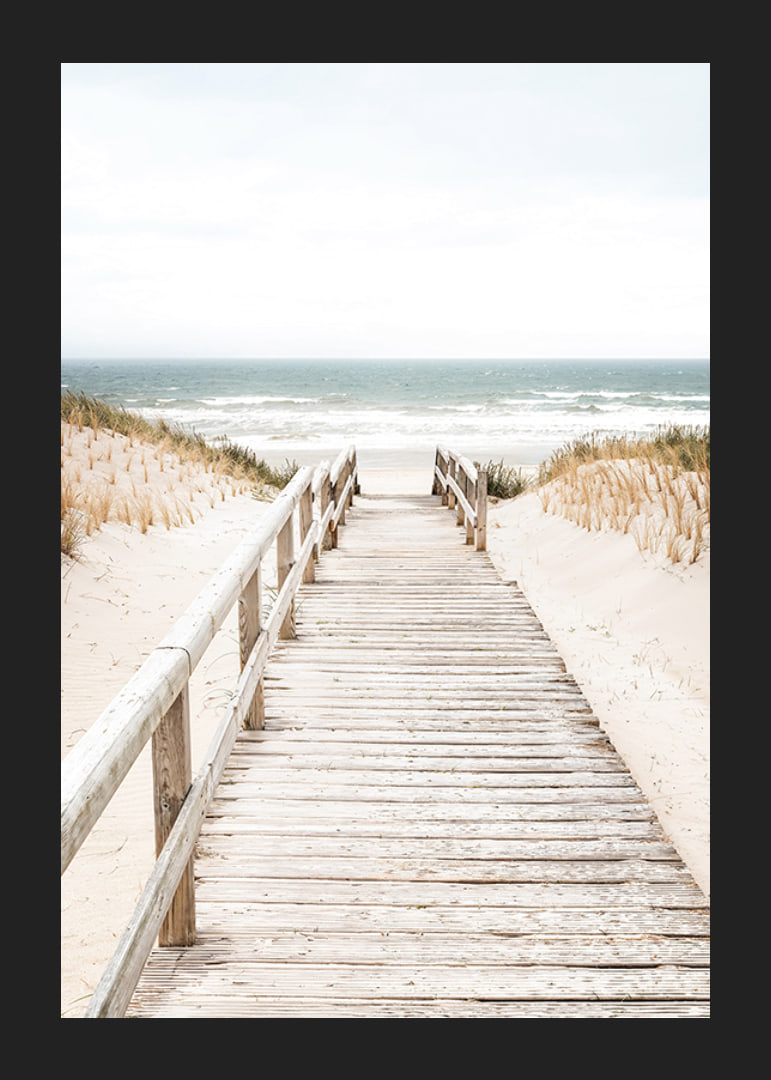 Poster with a photograph on a wooden plank among sand dunes with the sea in the background-12