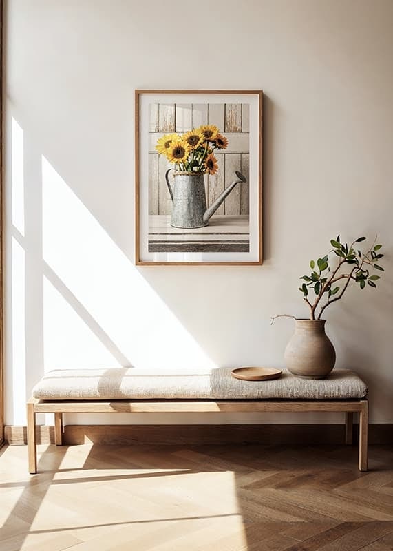 Poster with a photograph of an old watering can with sunflowers-12