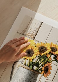 Poster with a photograph of an old watering can with sunflowers-9