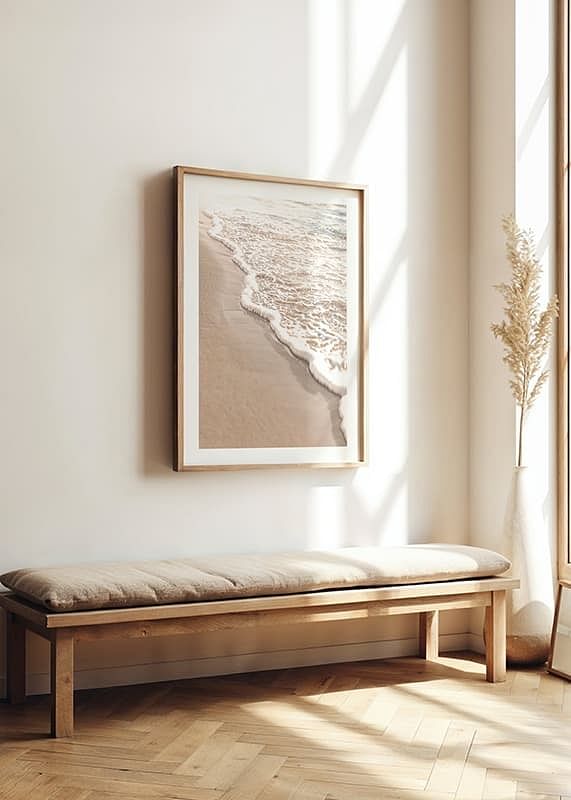 Poster with a photograph that captures the soft waves of the sea rolling in over the golden sand.-12