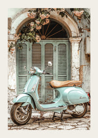 Vintage plagát s mätovozelenou vespou pred malebnými starými dverami s kvitnúcimi viničmi-3