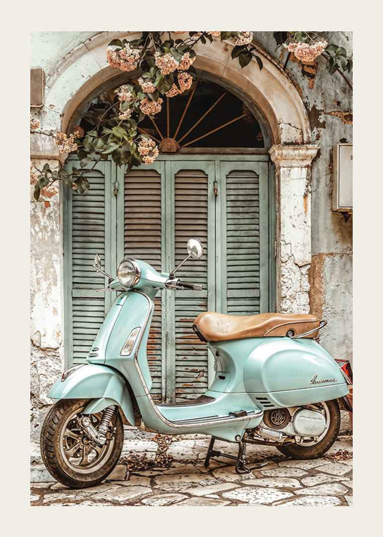 Vintage plagát s mätovozelenou vespou pred malebnými starými dverami s kvitnúcimi viničmi-12