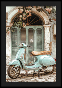 Vintage poster with a mint green vespa in front of a quaint old door with blooming vines-4