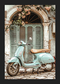 Vintage poster with a mint green vespa in front of a quaint old door with blooming vines-5
