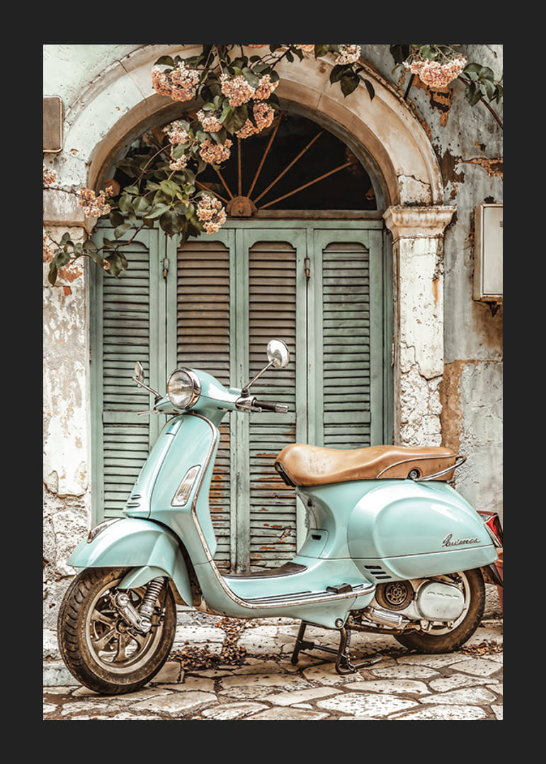 Vintage plagát s mätovozelenou vespou pred malebnými starými dverami s kvitnúcimi viničmi-12